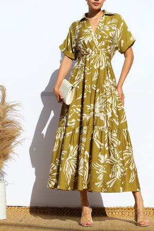 DD7949, PRINTED COLLARS NECK TIERED MIDI DRESS