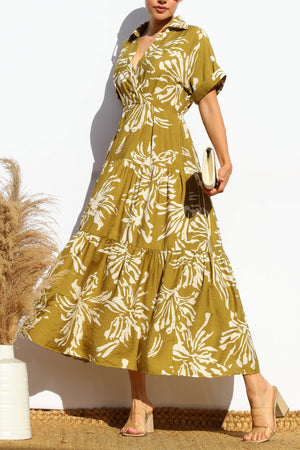 DD7949, PRINTED COLLARS NECK TIERED MIDI DRESS