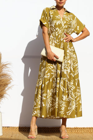 DD7949, PRINTED COLLARS NECK TIERED MIDI DRESS