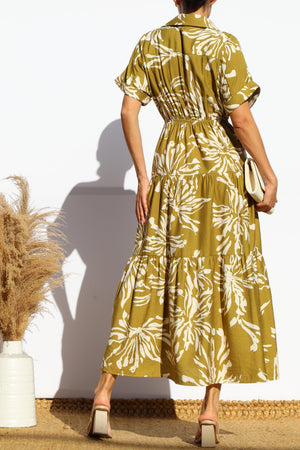 DD7949, PRINTED COLLARS NECK TIERED MIDI DRESS