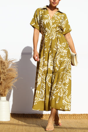DD7949, PRINTED COLLARS NECK TIERED MIDI DRESS