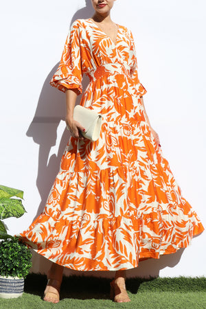 DD8117, FLORAL V NECK TIERED MIDI DRESS
