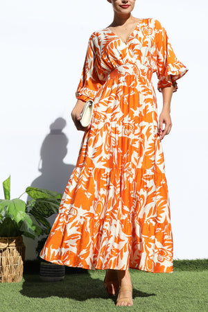 DD8117, FLORAL V NECK TIERED MIDI DRESS