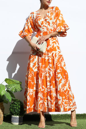 DD8117, FLORAL V NECK TIERED MIDI DRESS