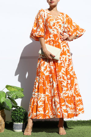 DD8117, FLORAL V NECK TIERED MIDI DRESS