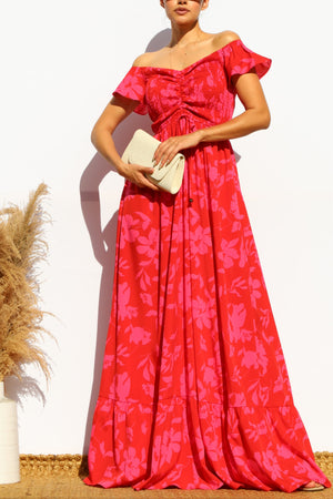 DD4532, FLORAL SMOCKED TOP OFF SHOULDER MAXI DRESS