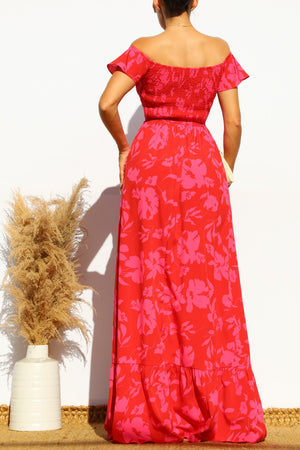 DD4532, FLORAL SMOCKED TOP OFF SHOULDER MAXI DRESS