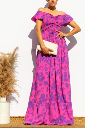 DD4532, FLORAL SMOCKED TOP OFF SHOULDER MAXI DRESS