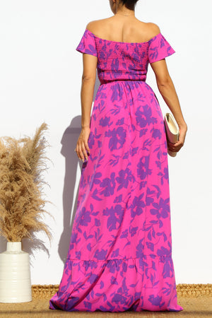 DD4532, FLORAL SMOCKED TOP OFF SHOULDER MAXI DRESS