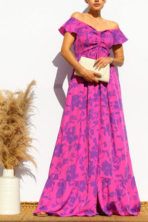 DD4532, FLORAL SMOCKED TOP OFF SHOULDER MAXI DRESS