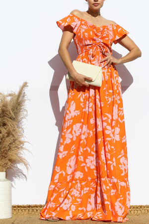 DD4532, FLORAL SMOCKED TOP OFF SHOULDER MAXI DRESS