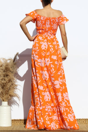 DD4532, FLORAL SMOCKED TOP OFF SHOULDER MAXI DRESS