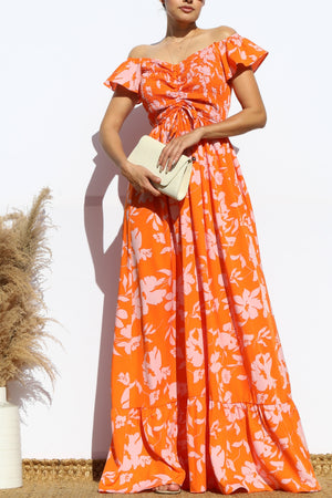 DD4532, FLORAL SMOCKED TOP OFF SHOULDER MAXI DRESS