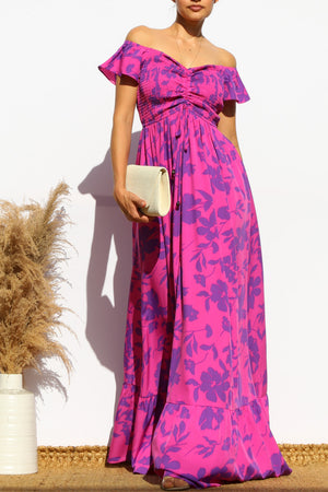 DD4532, FLORAL SMOCKED TOP OFF SHOULDER MAXI DRESS