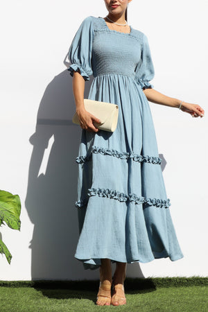 DD7969, SMOCKED TOP RUFFLED WOVEN MIDI DRESS