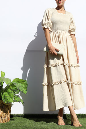 DD7969, SMOCKED TOP RUFFLED WOVEN MIDI DRESS
