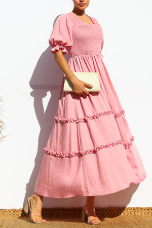 DD7969, SMOCKED TOP RUFFLED WOVEN MIDI DRESS