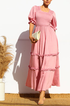 DD7969, SMOCKED TOP RUFFLED WOVEN MIDI DRESS