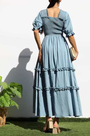 DD7969, SMOCKED TOP RUFFLED WOVEN MIDI DRESS
