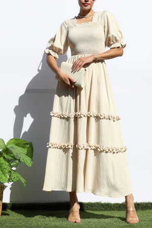DD7969, SMOCKED TOP RUFFLED WOVEN MIDI DRESS