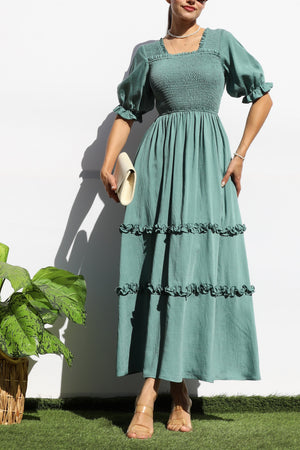 DD7969, SMOCKED TOP RUFFLED WOVEN MIDI DRESS