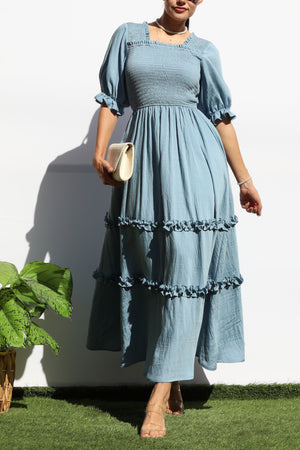 DD7969, SMOCKED TOP RUFFLED WOVEN MIDI DRESS