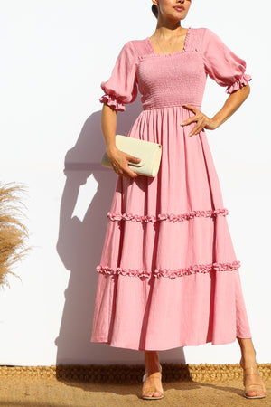 DD7969, SMOCKED TOP RUFFLED WOVEN MIDI DRESS