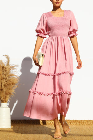 DD7969, SMOCKED TOP RUFFLED WOVEN MIDI DRESS
