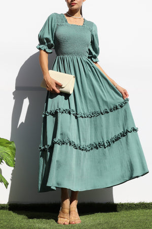 DD7969, SMOCKED TOP RUFFLED WOVEN MIDI DRESS