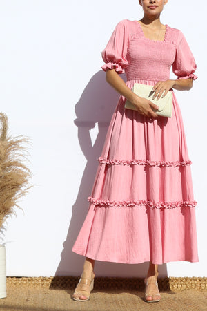 DD7969, SMOCKED TOP RUFFLED WOVEN MIDI DRESS