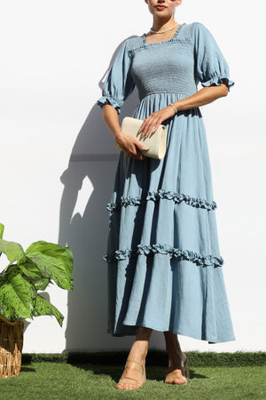 DD7969, SMOCKED TOP RUFFLED WOVEN MIDI DRESS