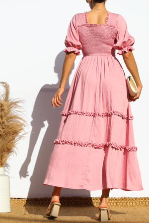 DD7969, SMOCKED TOP RUFFLED WOVEN MIDI DRESS