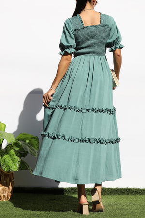 DD7969, SMOCKED TOP RUFFLED WOVEN MIDI DRESS