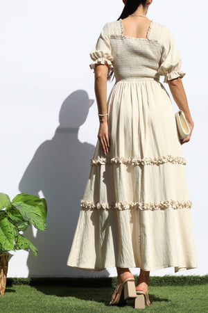 DD7969, SMOCKED TOP RUFFLED WOVEN MIDI DRESS
