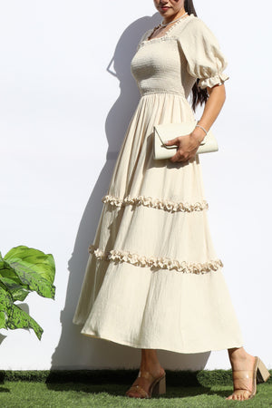 DD7969, SMOCKED TOP RUFFLED WOVEN MIDI DRESS