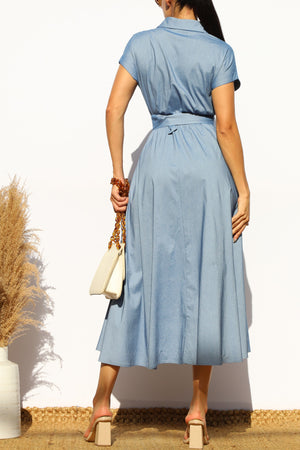 DD7897, BELTED BUTTON DOWN DENIM MIDI DRESS