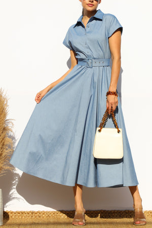 DD7897, BELTED BUTTON DOWN DENIM MIDI DRESS