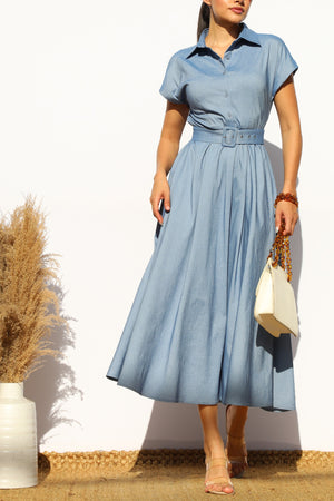 DD7897, BELTED BUTTON DOWN DENIM MIDI DRESS