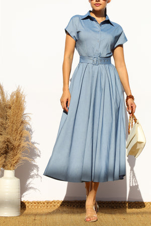 DD7897, BELTED BUTTON DOWN DENIM MIDI DRESS