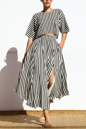 DD7868, STRIPED LOOSE FIT TOP AND FLARED MIDI SKIRT SET