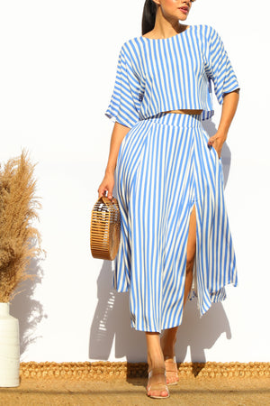 DD7868, STRIPED LOOSE FIT TOP AND FLARED MIDI SKIRT SET