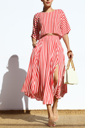 DD7868, STRIPED LOOSE FIT TOP AND FLARED MIDI SKIRT SET