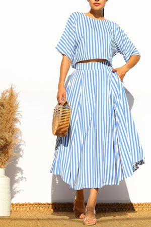 DD7868, STRIPED LOOSE FIT TOP AND FLARED MIDI SKIRT SET