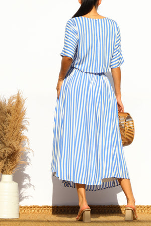 DD7868, STRIPED LOOSE FIT TOP AND FLARED MIDI SKIRT SET