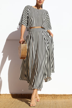 DD7868, STRIPED LOOSE FIT TOP AND FLARED MIDI SKIRT SET