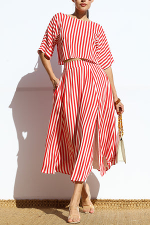 DD7868, STRIPED LOOSE FIT TOP AND FLARED MIDI SKIRT SET
