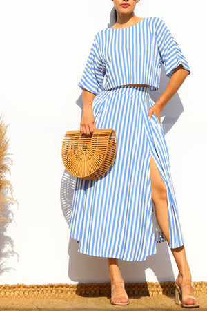 DD7868, STRIPED LOOSE FIT TOP AND FLARED MIDI SKIRT SET