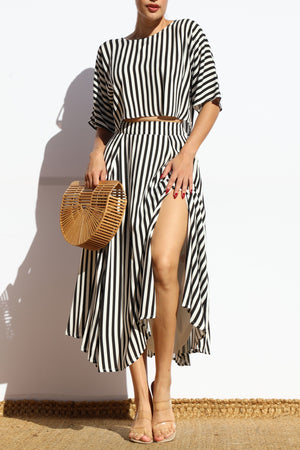 DD7868, STRIPED LOOSE FIT TOP AND FLARED MIDI SKIRT SET