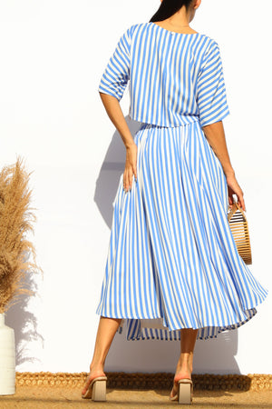 DD7868, STRIPED LOOSE FIT TOP AND FLARED MIDI SKIRT SET