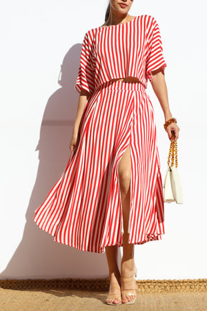 DD7868, STRIPED LOOSE FIT TOP AND FLARED MIDI SKIRT SET